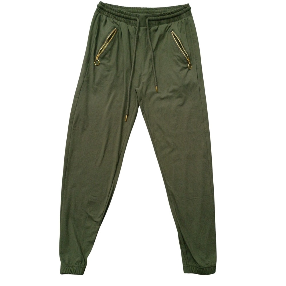 Indero Womens S/M Casual Athleisure Jogger Pants Green Gold Zipper Comfortable